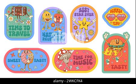 Cartoon retro groovy stickers with funny characters. Vector patches set with comic suitcase, lemon and strawberry, star, burger and donut, amanita mushroom and sunglasses, funky trippy personages Stock Vector