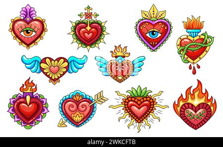 Mexican sacred heart tattoos with burning fire flame and wings, vector symbols. Sacred heart or Corazon Milagro with arrow or thorn and blood drop or Christian cross and eye for Mexican art tattoo Stock Vector