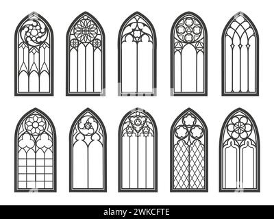 Medieval gothic church glass windows and castle arches of cathedral, vector architecture. Vintage gothic windows with stained glass pattern in arch or antique temple and Renaissance church windows Stock Vector