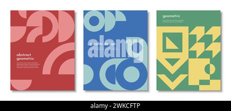 Retro abstract posters with geometric pattern of maroon, blue and green simple graphic shapes. Vector composition of square, circles, triangles and arches, trendy minimalist geometric banner templates Stock Vector