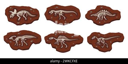 Cartoon dinosaur fossil bones. Ancient dino skeleton imprints in stone. Vector set of earth layers with full body bones. Archaeological and paleontological excavations. Studies of prehistoric animals Stock Vector