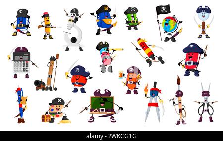 Cartoon school supply pirate and corsair characters. Vector rucksack, loupe, paint palette, eraser and felt-tip pen with calculator. Textbook, scissors, pen and pencil with ruler or globe filibusters Stock Vector