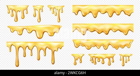 Realistic sweet yellow honey melt drip. Tasty nectar, melting amber, caramel syrup or sauce isolated vector lines. Sweet honey dessert dripping and flowing down liquid 3d borders and dividers set Stock Vector