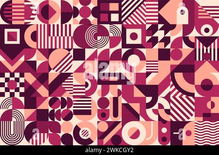 Abstract maroon, beige, purple and pink geometric pattern. Vector background with color square, circle, triangle, line and arch shapes. Modern graphic composition of geometric figures, trendy mosaic Stock Vector