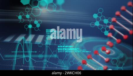 Image of dna strand spinning and scientific data processing on blue background Stock Photo