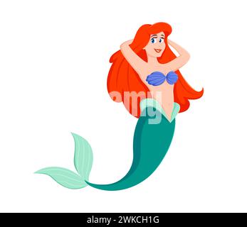 Cartoon mermaid character. Isolated vector fairytale underwater princess personage, with colorful green tail, flowing, long, red hair and a mischievous eyes. Fantasy, playful and enchanting sea girl Stock Vector