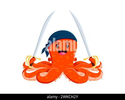 Cartoon pirate octopus animal character. Isolated vector comic sea devilfish corsair personage with sabers in its tentacles, wears mischievous smile, and a sailor bandana, ready for adventurous games Stock Vector