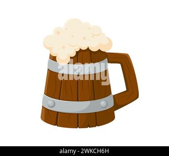 Cartoon beer tankard. Isolated vector pirate mug, carved from wood, brims with foamy brew or ale, its sides adorned with curve handle and metal loops. Rugged wood cup for a cozy, convivial gathering Stock Vector