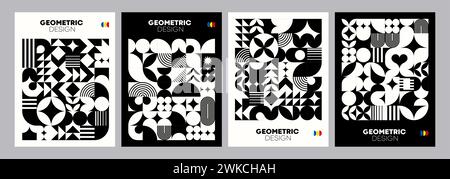 Modern monochrome abstract posters with geometric Bauhaus pattern. Contemporary vector layouts set feature simple shapes and minimalist design that evoke a sense of minimalism and artistic precision Stock Vector