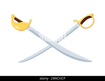 Cartoon crossed pirate sabres. Two corsair sabers with cross blades. Isolated vector gleaming swords, symbol of swashbuckling fights, war, danger, adventures and daring voyages on the high seas Stock Vector
