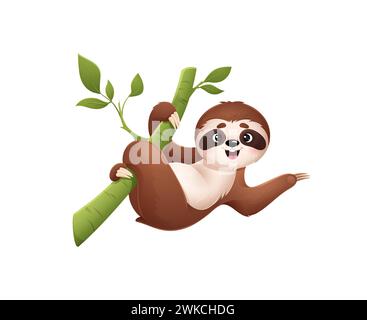 Cartoon cute sloth character hangs from tree branch. Isolated vector cheerful, tropical, jungle animal personage with a big smile, lazy yet lovable and friendly, radiating positivity and saying hello Stock Vector