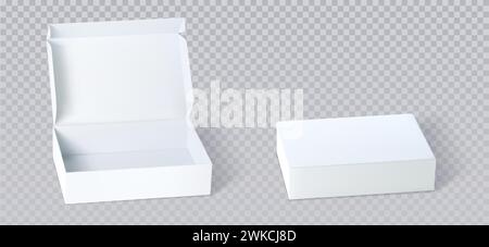 White closed and open cardboard box mockup top angle view. Realistic vector illustration set of blank carton package for delivery or gift concept. Rectangular low paper pack with cover mock up. Stock Vector