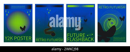 Set of y2k aesthetic techno banners. Vector realistic illustration of retrowave style blue and green gradient posters with butterfly icons, wireframe portal perspective, retro futuristic vibe flyers Stock Vector