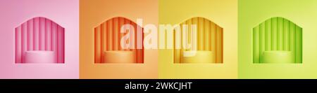 Cylinder podiums in arch windows. Vector realistic illustration of round platform on pink, orange, yellow, green pastel background with vertical line pattern, empty stage for product presentation Stock Vector