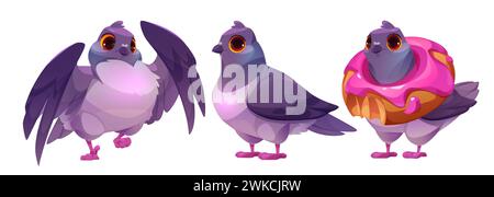 Wild pigeon cartoon character in different poses. Vector illustration set of funny blue city bird standing, waving wings and holding bitten donut piece on neck. Animal mascot with various expression. Stock Vector