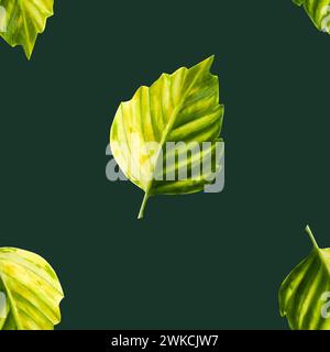 Watercolor seamless pattern with green autumn and summer leaves. Illustration isolated on background. Clip art for designers, travel business, postcar Stock Photo