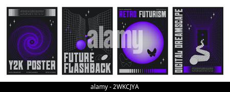Y2k aesthetic poster template with abstract grid neon purple color perspective tunnel, acid shape ornament, gradient sphere on black background. Banner design layout with geometric wireframe figure. Stock Vector