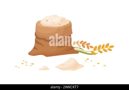 Wheat Flour in burlap bag with wooden scoop. Sack with wheat flour and grains. Flour bale in cartoon style. Vector illustration isolated on white background. Stock Vector