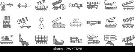 Anti aircraft missile system icons set outline vector. Artillery gun. Mortar vehicle war Stock Vector