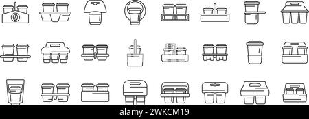 Cup holder icons set outline vector. Food paper box. Drink carrier away Stock Vector