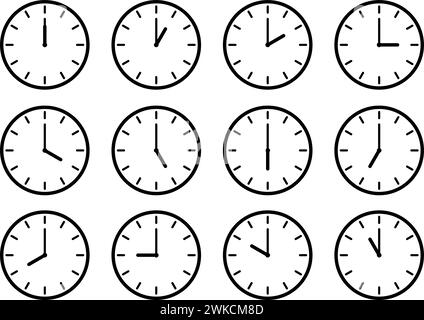 Clocks hands icon. Time sign for every hour. Stopwatch, clock faces set. Evening, morning and noon time. Simple hour icons. Vector illustration Stock Vector
