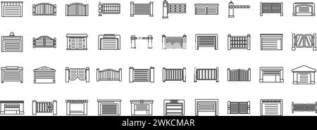 Automatic gates icons set outline vector. Security car. Industrial building gate road Stock Vector