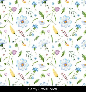 seamless pattern with wild flowers, pansies, daisies, clover, cornflower are watercolor hand drawn illustrations Stock Photo