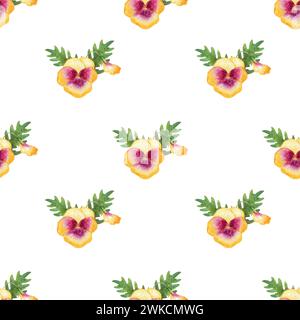 seamless pattern with wild flowers pansies are watercolor hand drawn illustrations Stock Photo