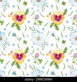 seamless pattern with wild flowers,pansies, daisies, clover, cornflower are watercolor hand drawn illustrations Stock Photo