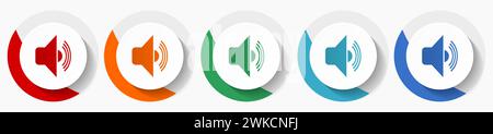 Volume vector icon set, flat icons for logo design, webdesign and mobile applications, colorful round buttons Stock Vector