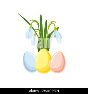 vector illustration of Easter theme, bouquet of spring flowers snowdrops and multicolor pastel Easter eggs, spring party illustration on white backgro Stock Vector