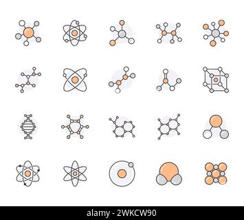 Molecule flat line icons set. Chemistry science, molecular structure, chemical laboratory dna cell protein vector illustrations. Outline signs Stock Vector