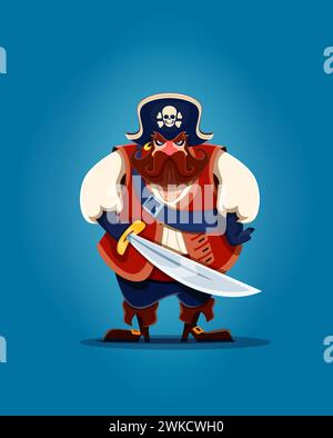 Cartoon pirate captain corsair sailor character with long sword, black tricorn hat and gloves. Vector personage of sea robber captain, funny pirate with red beard and mustache, gold earring and saber Stock Vector