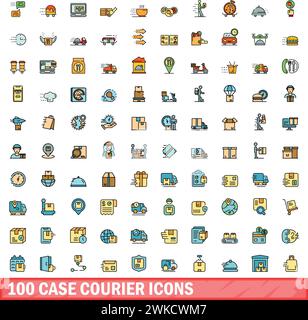 100 case courier icons set. Color line set of case courier vector icons thin line color flat on white Stock Vector