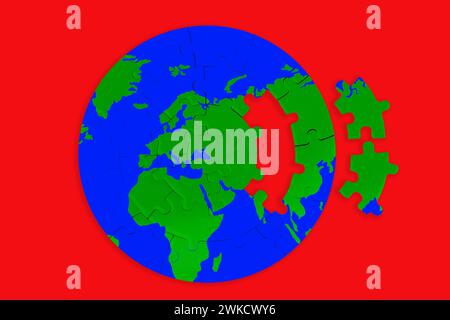 Round puzzle in the shape of a globe, featuring vibrant green continents surrounded by serene blue oceans. Two missing pieces are set aside. Stock Photo