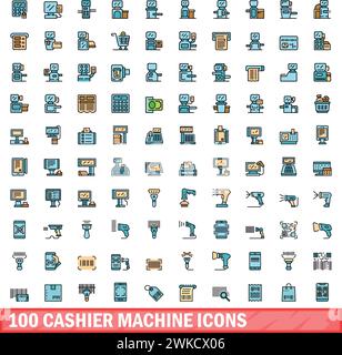 100 cashier machine icons set. Color line set of cashier machine vector icons thin line color flat on white Stock Vector