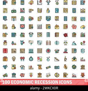 100 economic recession icons set. Color line set of economic recession vector icons thin line color flat on white Stock Vector