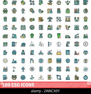 100 esg icons set. Color line set of esg vector icons thin line color flat on white Stock Vector