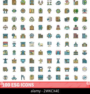 100 esg icons set. Color line set of esg vector icons thin line color flat on white Stock Vector