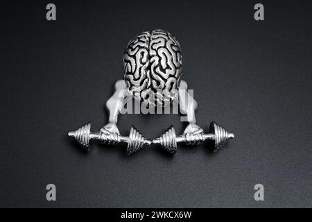 Close-up of a steel model of a human brain lifting heavy dumbbells with pumped hands isolated on black background. Mind training related concept. Stock Photo