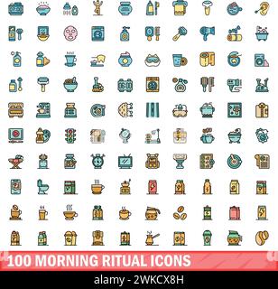 100 morning ritual icons set. Color line set of morning ritual vector icons thin line color flat on white Stock Vector