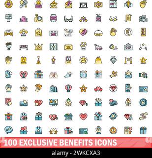 100 exclusive benefits icons set. Color line set of exclusive benefits vector icons thin line color flat on white Stock Vector