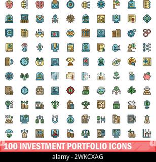 100 investment portfolio icons set. Color line set of investment portfolio vector icons thin line color flat on white Stock Vector