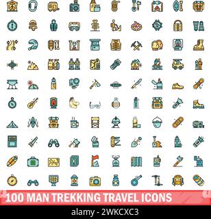 100 man trekking travel icons set. Color line set of man trekking travel vector icons thin line color flat on white Stock Vector