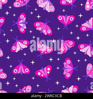 Vector seamless pattern of neon violet moth at night. Stylized butterflies neon pink and purple colors on a dark background Stock Vector