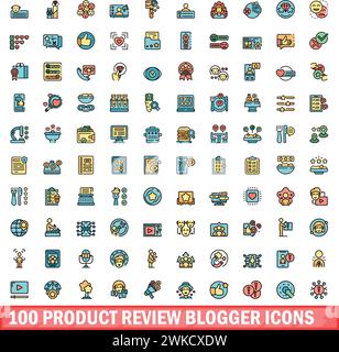 100 product review blogger icons set. Color line set of product review blogger vector icons thin line color flat on white Stock Vector