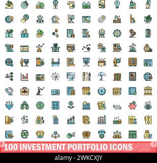 100 investment portfolio icons set. Color line set of investment portfolio vector icons thin line color flat on white Stock Vector