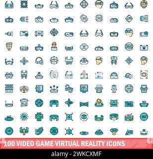 100 video game virtual reality icons set. Color line set of video game virtual reality vector icons thin line color flat on white Stock Vector