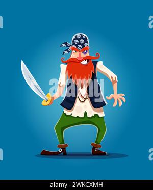 Cartoon red bearded danger pirate corsair sailor character with long saber. Angry marine robber or buccaneer sailor vector personage with black eye and pirate skull bandana ready to boarding attack Stock Vector