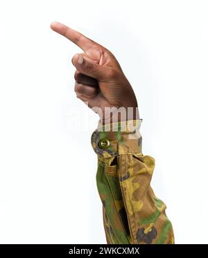 Man hand pointing at side with forefinger isolated on a white background Stock Photo